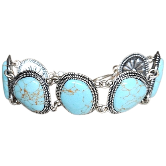 VTG Turquoise Bracelet Faux Cabochan Silver Toggle Concho Style 8" Southwestern - Picture 2 of 10